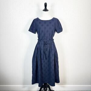 WHIT Womens Navy Polka Dot Linen Cotton Cut‎ Out Waist Midi Dress Size Small